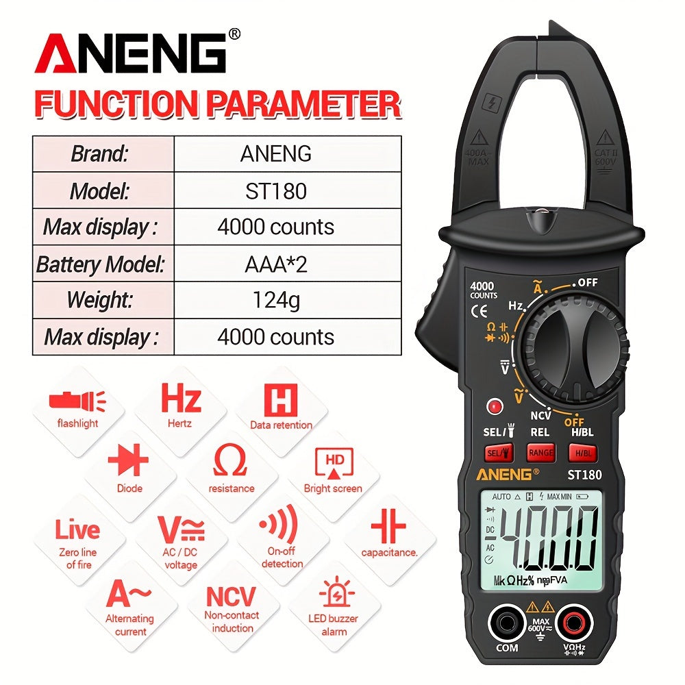 ANENG ST180 is a 4000 count digital clamp meter for measuring AC current, voltage, frequency, capacitance, and resistance, as well as testing car amps and non-contact voltage.