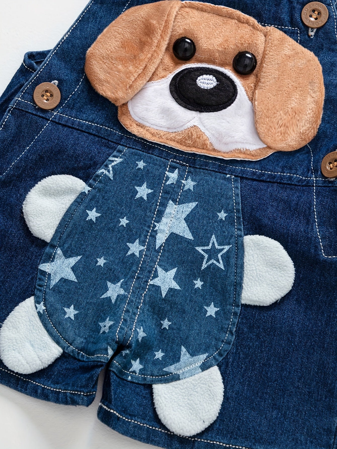 Boys' denim overalls with dog embroidery, lightweight summer shorts, breathable fabric blend with animal pattern. Regular fit, ideal for outdoor activities. Made of 70% cotton, 26%