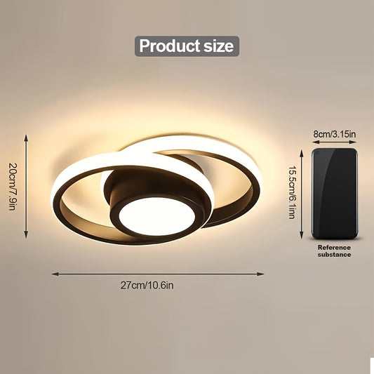 Contemporary LED ceiling light in sleek black design with dual-light source. Energy-efficient and durable, suitable for bedroom, bathroom, and kitchen. Features wide voltage range, 3-color