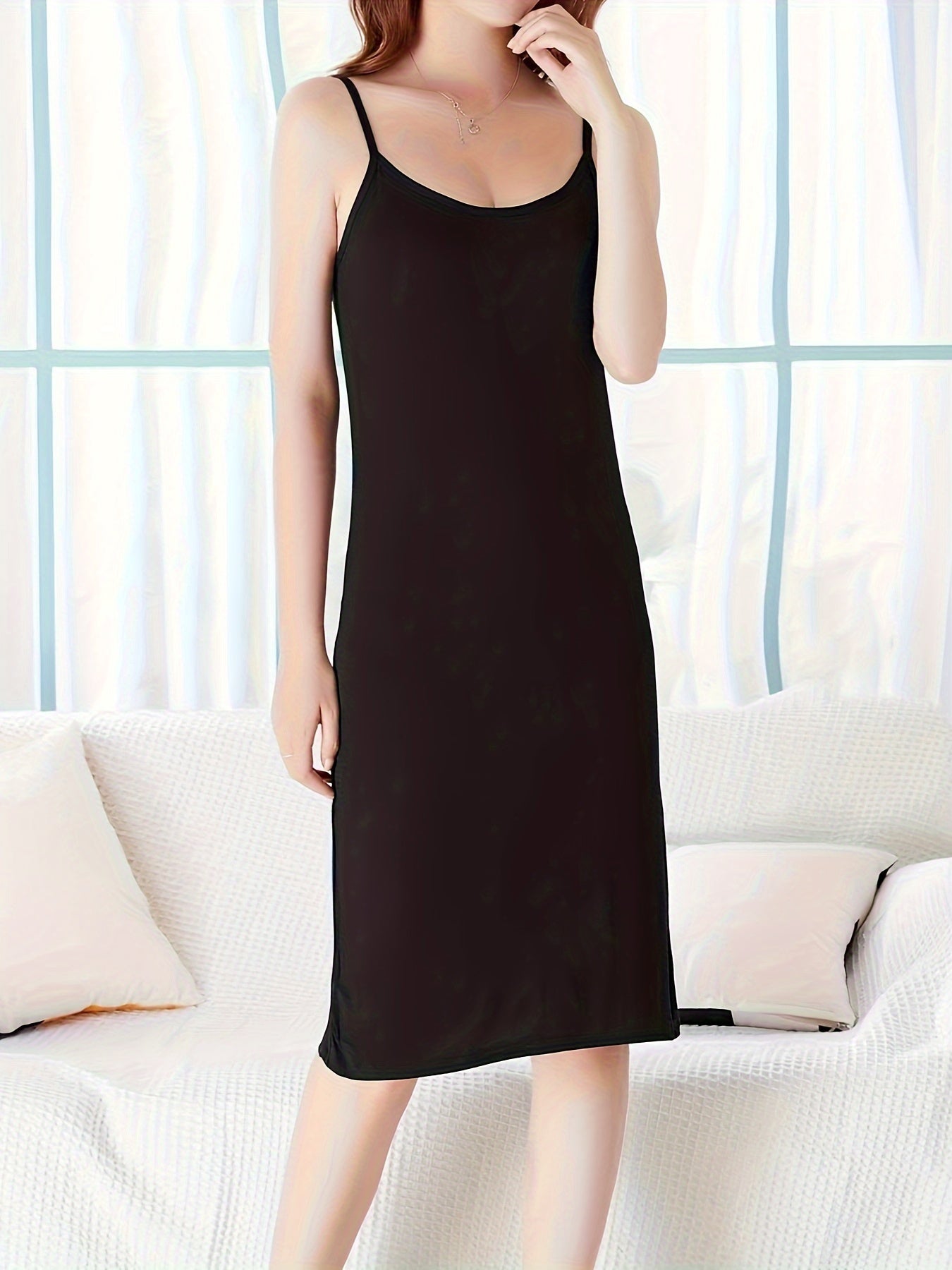 Women's Cozy Spaghetti Strap Sleep Dress - Casual Home Loungewear, Solid Color with Shoulder Detail