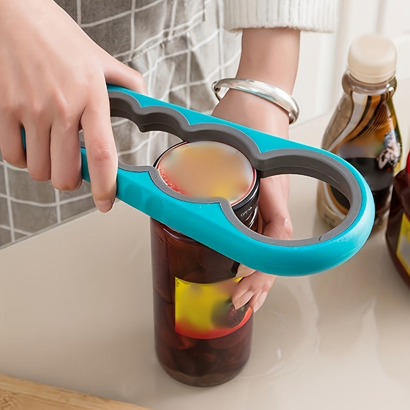 The Senior-Friendly Ergonomic 4-in-1 Manual Can Opener is a durable PS plastic kitchen tool with an easy-grip blue handle. It is perfect for use in the home kitchen and makes a great addition to kitchen accessories.