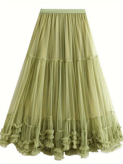 High-waist slimming mesh skirt with layered ruffles, machine washable - ideal for all seasons.