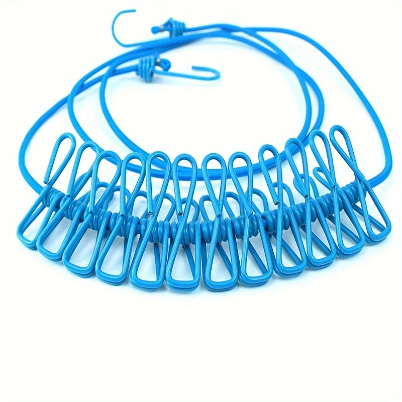 Adjustable Elastic Portable Travel Clothesline with 12 Clips - Retractable Camping Clothes Line Perfect for Indoor and Outdoor Use.