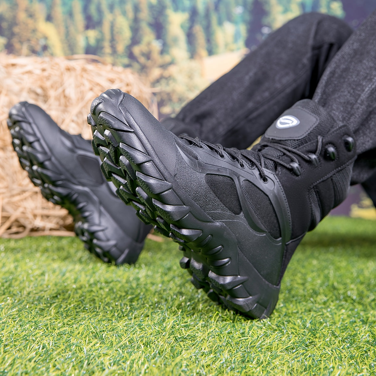 High-top hiking boots for men with durable PU and fabric upper, cushioned EVA insole, and rugged MD sole - perfect for hiking and outdoor activities.