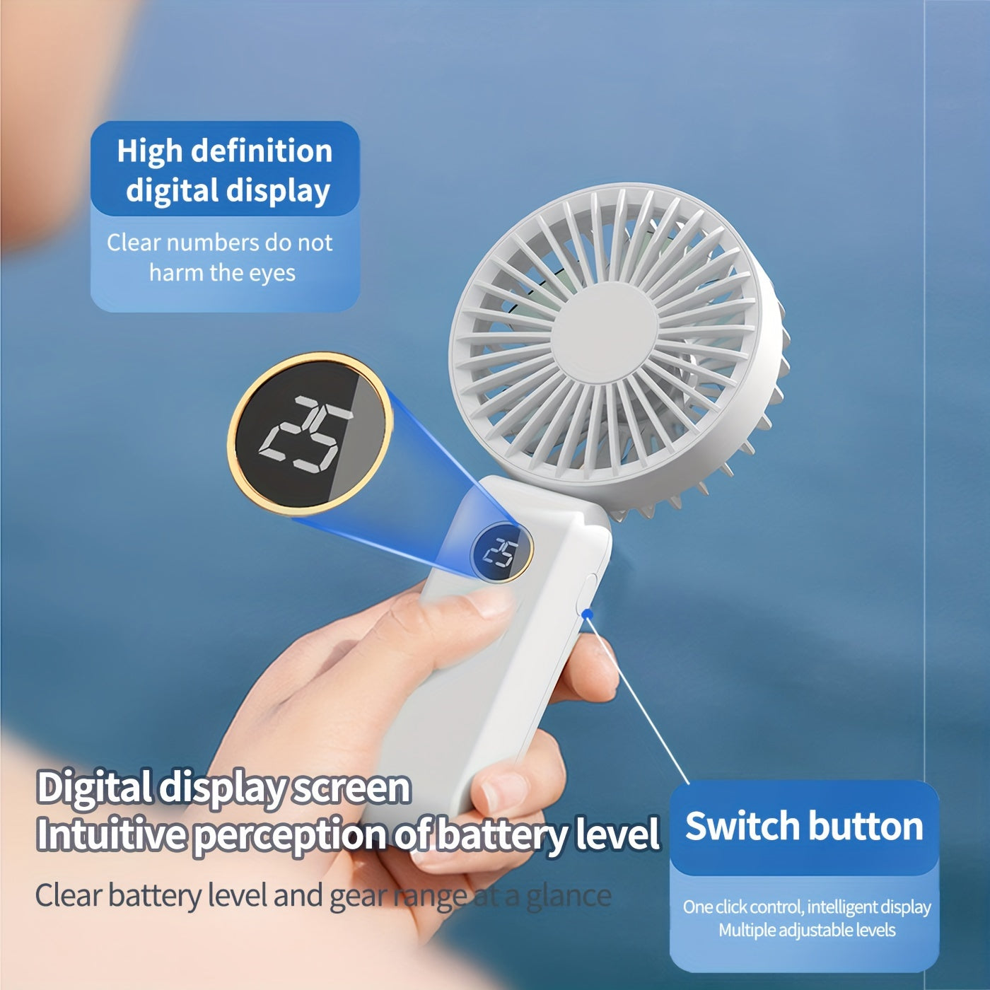 Get yourself the perfect portable mini fan! This fan comes with a digital display, USB rechargeable feature, quiet operation, foldable handle, and can be used on a desk or handheld. Made of durable ABS material in a sleek white design, this fan measures