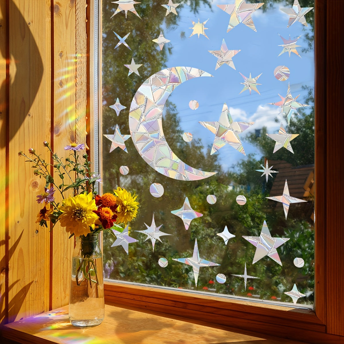 Set of 2 Ramadan themed anti-collision glass stickers featuring 74pcs of moon, star, sun, and bird designs, ideal for catching light and protecting birds.