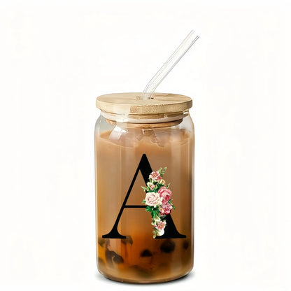 Alphabet flowers drinking glass with bamboo lid and straw, ideal birthday gift for women, friends, girls. 16 oz coffee glass, perfect for moms.