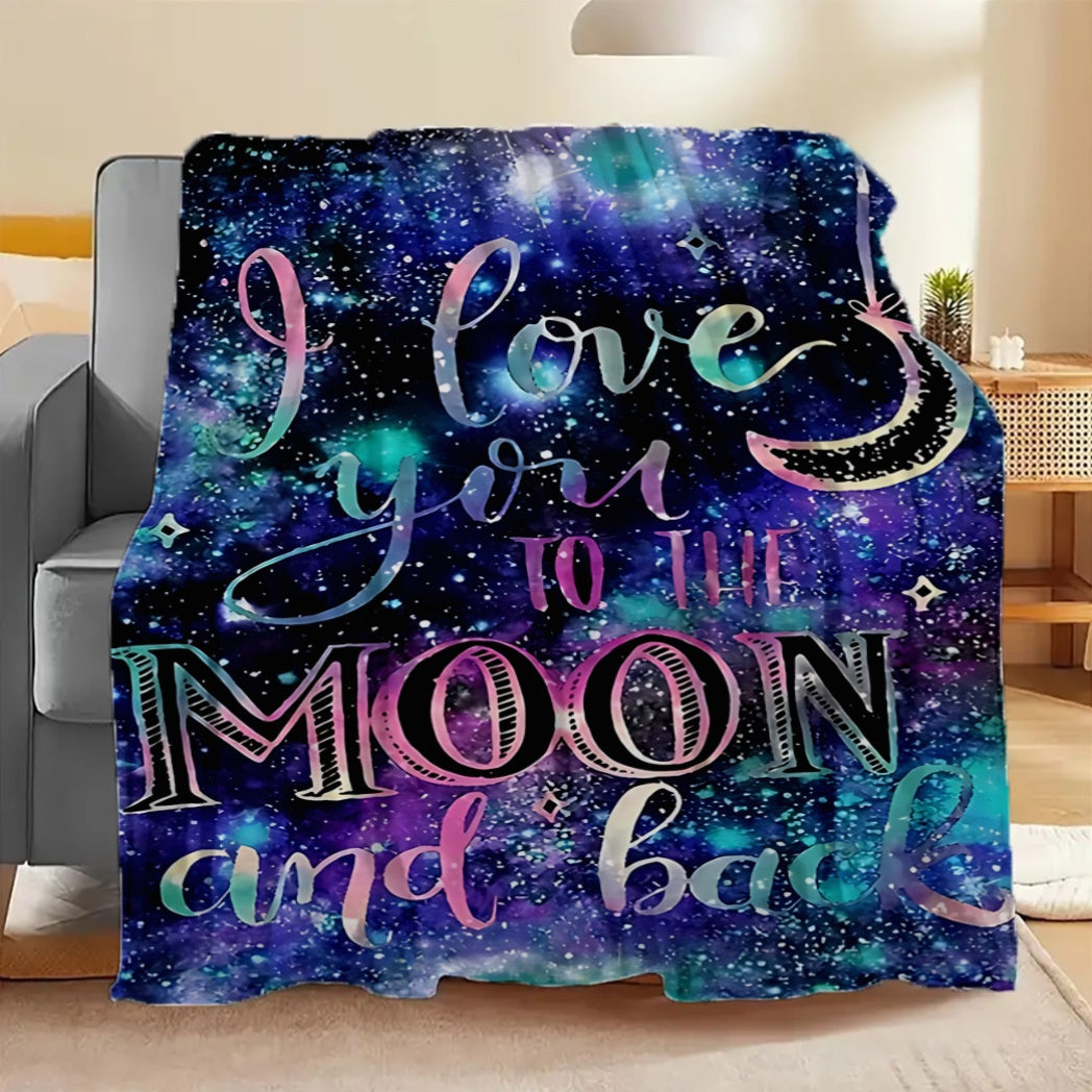 HKStorage Flannel Blanket - 1 piece, featuring a contemporary print of "I Love You to The Moon and Back." Made from soft all-season knit fabric with 100% polyester material and 250-300gsm. Hand wash only. Versatile for use on sofa, office, travel, and