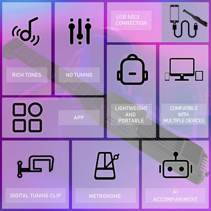 Portable USB Charging Smart Acoustic-Electric Guitar with AI LCD, includes strap and carrying case.