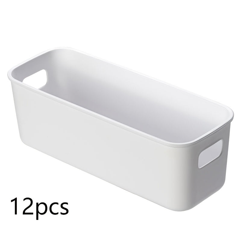 This pack includes 12 stackable plastic storage bins with handles, perfect for organizing office, home, and closet spaces. These durable containers are perfect for storing stationery, cosmetics, socks, and underwear. The space-saving drawer organizers