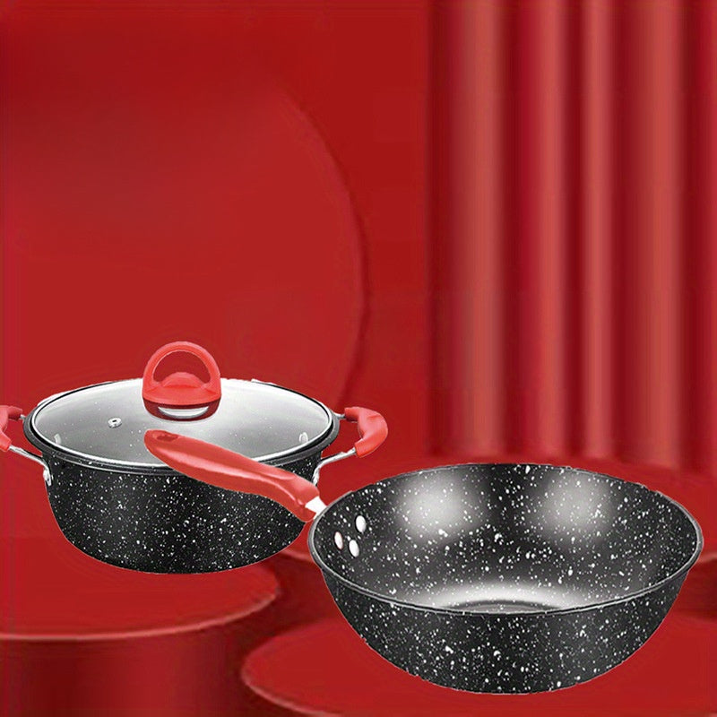 3-piece Cast Iron Cookware Set - Includes Non-Stick Soup Pot with Glass Lid and Frying Pan. Resistant to Rust and Scratches, Perfect for Outdoor and Holiday Gatherings. Requires No Electricity or Batteries.