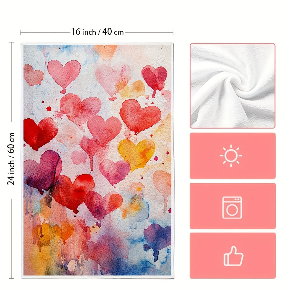 Set of 2 Ultra Soft Kitchen Towels featuring a Valentine's Day Heart Splash Design. These towels are highly absorbent, machine washable and measure 40.64x60.96 cm. They have vibrant watercolor hearts perfect for adding a festive touch to your home decor.