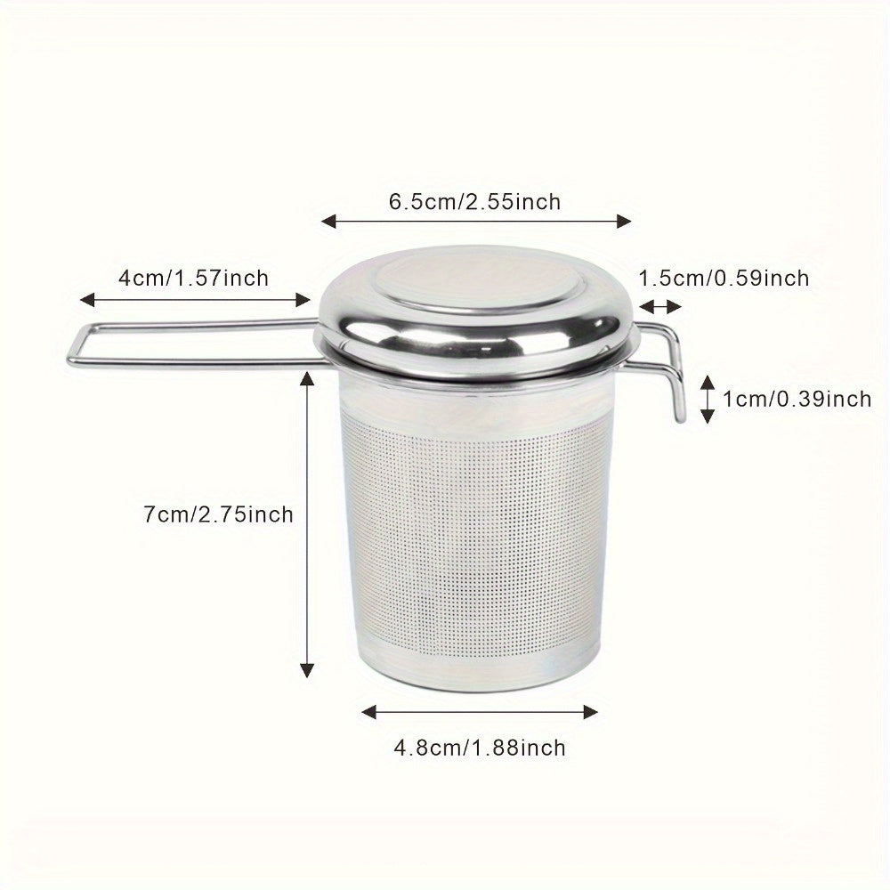 Tea infuser made of durable stainless steel for loose leaf tea, with lid and handle for convenient use at home, office, restaurant, or hotel. Features micropore metal strainer basket.