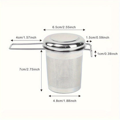 Tea infuser made of durable stainless steel for loose leaf tea, with lid and handle for convenient use at home, office, restaurant, or hotel. Features micropore metal strainer basket.