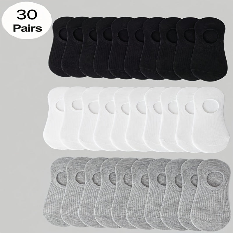 30 pairs of women's breathable no-show socks made of a polyester and spandex blend with moisture-wicking properties. These socks are black, white, and grey striped, with anti-odor