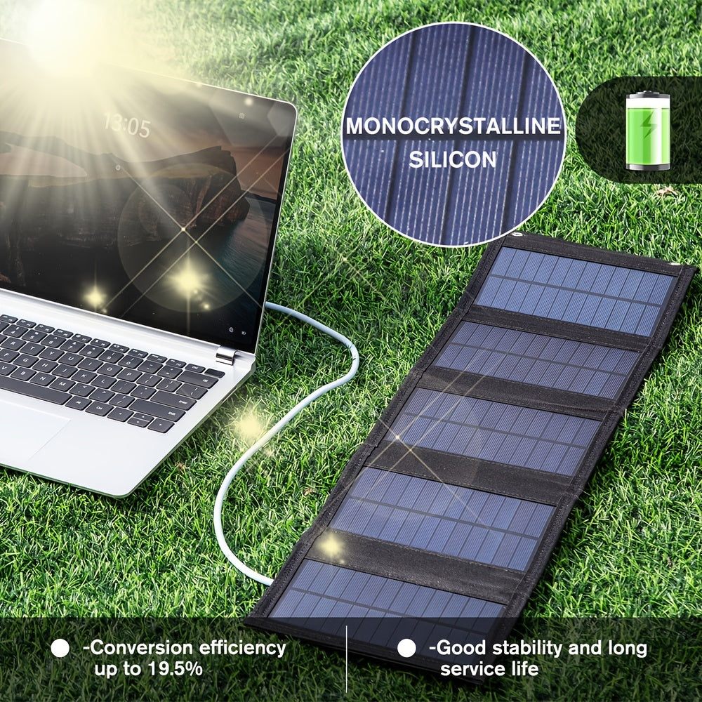 1x 35W Portable Solar Folding Charger Bag with USB 5V Output. Lightweight, foldable design for outdoor, camping, and emergency use. Compatible with all phones. Made of TPE material.