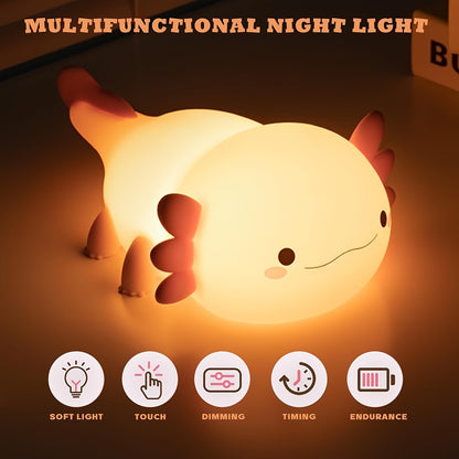 Cute Axolotl night light with touch control, dimming, and timer. USB rechargeable silicone lamp for kids' bedrooms.