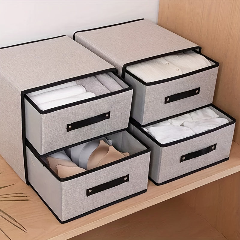 One-piece Fabric Bin with Two Layers and Two Drawers, Washable Imitation Linen Bra Organizer Box with Separate Compartments for Clothing and Underwear. Perfect for organizing and storing supplies in dorms and bedrooms, or in closets.