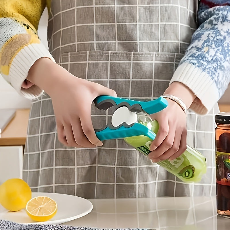 Multi-functional 4-in-1 plastic jar opener with non-slip grip for manual bottle cap removal in the kitchen.