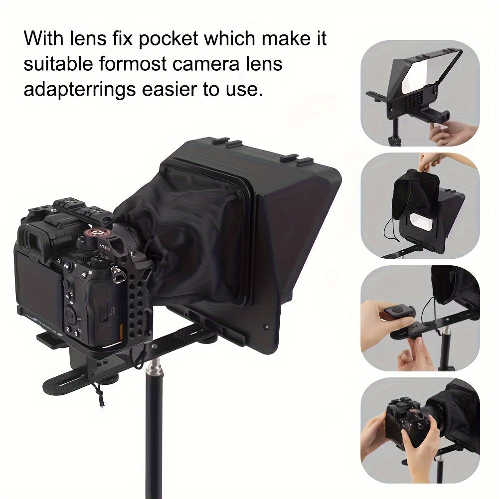 Portable Teleprompter Kit with Smartphone Holder and Remote Control - Compatible with DSLR cameras, live streaming, interviews, stage presentations, and speeches. Lens adapter-friendly