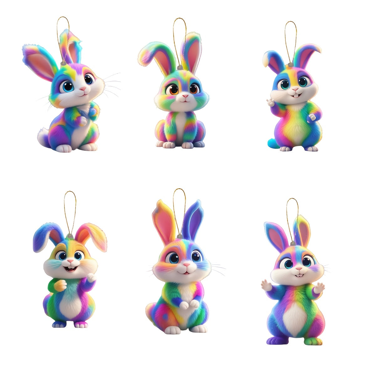 6 Easter Rabbit Ornaments, Colorful 2D Acrylic