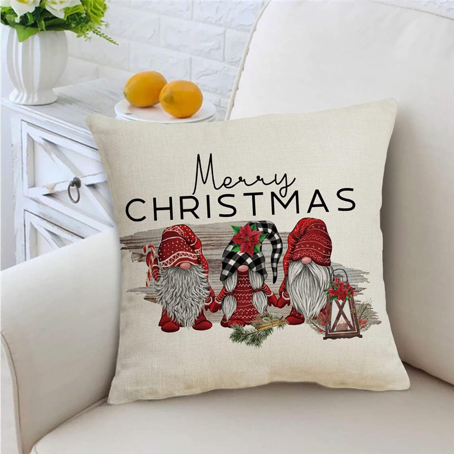 1 piece of Merry Christmas Gnome Decorative Throw Pillow Cover available in sizes 16x16, 18x18, or 50.8x50.8 cm. This Square Linen Red Gnomes Farmhouse Decor Christmas Cushion Pillow Case comes with a Hidden Zipper, perfect for use on your Sofa, Kitchen