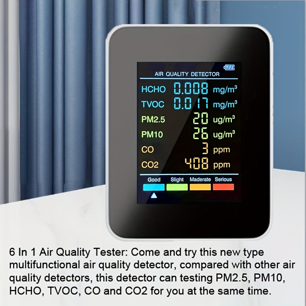 Air quality detector with 6 detection functions: Carbon Dioxide, PM2.5, PM10, HCHO, TVOC, CO. LCD display with Carbon Dioxide sensor.