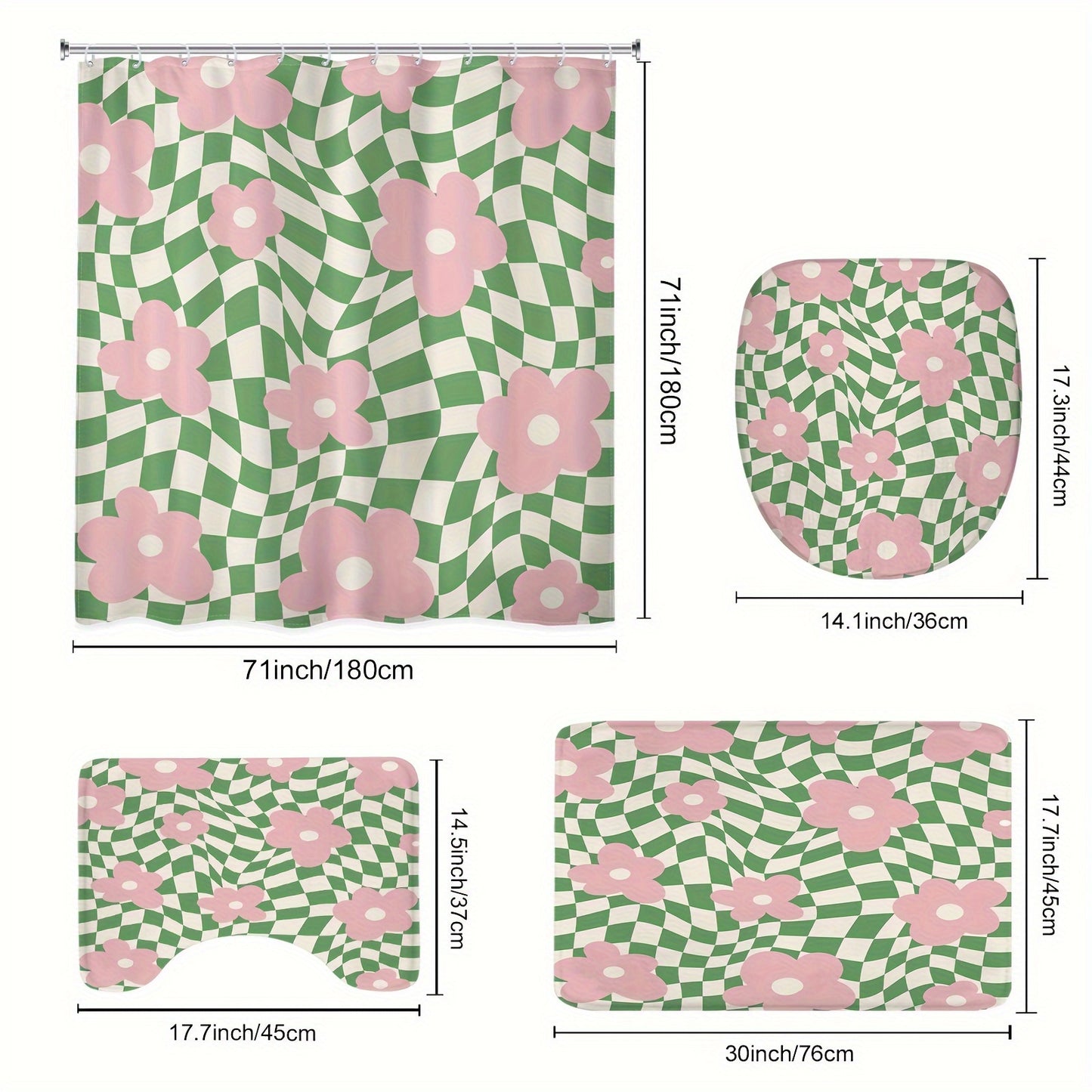 Waterproof polyester shower curtain with pink and green floral checkered design. 152.4x182.88 cm, includes hooks, machine washable. Ideal for teen bathroom decor. Provides shower privacy and vibrant bathroom decor. Easy to install.