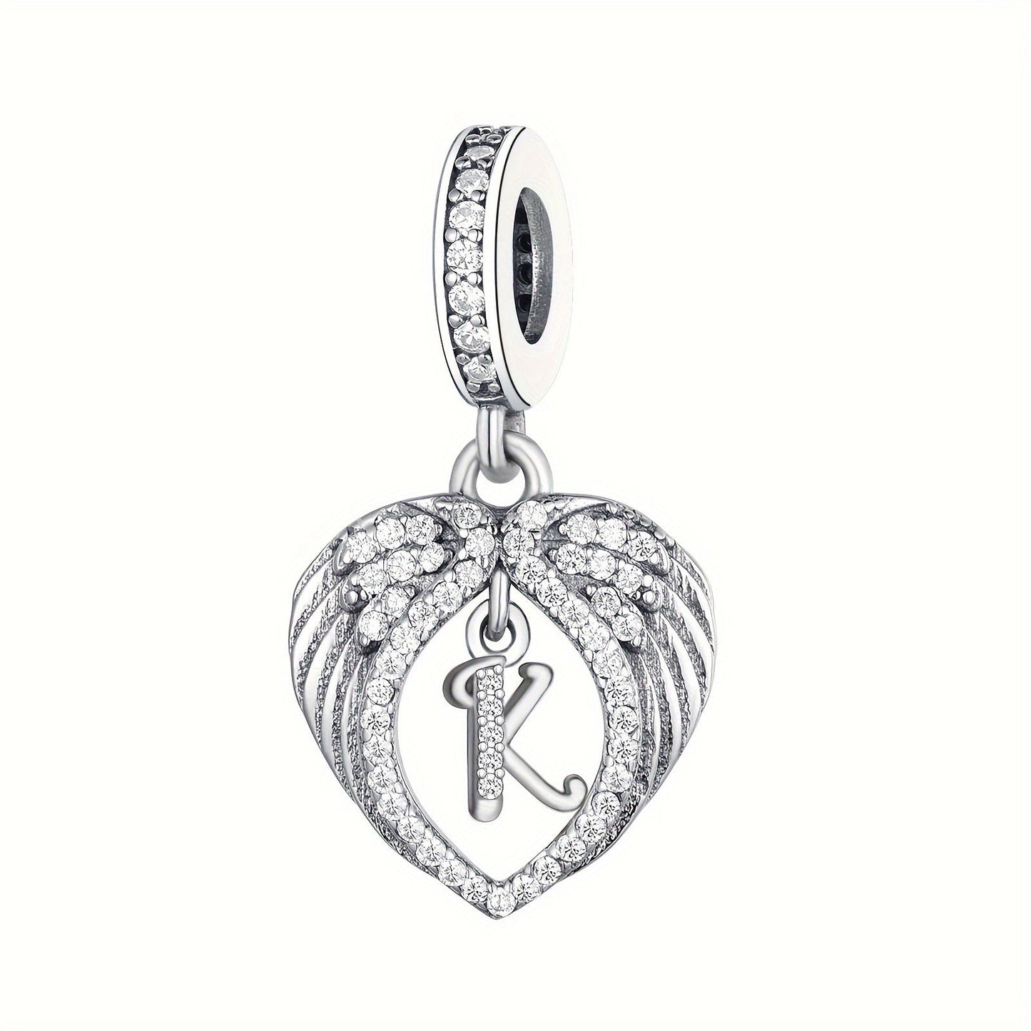 925 Sterling Silver Heart-shaped Wing Pendant with Synthetic Zircon Letter Pattern for DIY Jewelry Making, Perfect Gift Idea