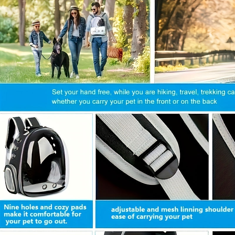 Transparent PVC Pet Backpack Carrier for Cats and Small Dogs with Breathable Space Capsule Design, Zipper Closure, Durable Handle, Ventilation Holes. Ideal for Hiking, Travel, Outdoor Use.