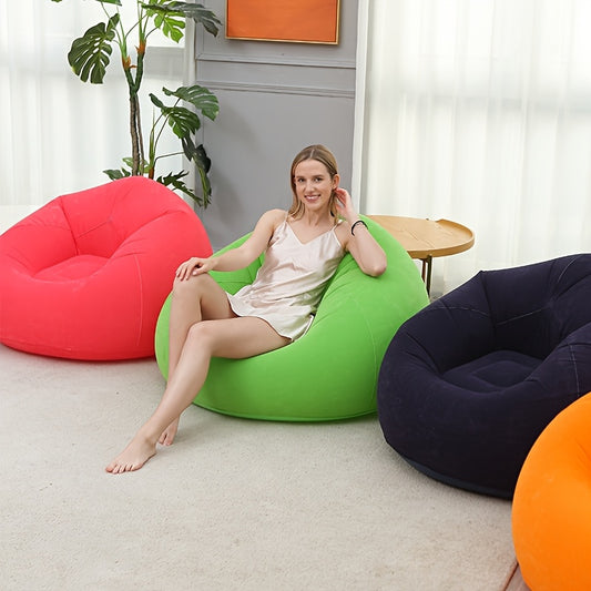 Large durable inflatable bean bag chair with PVC louvers, suitable for indoor and outdoor use in khaki color, no electricity required.