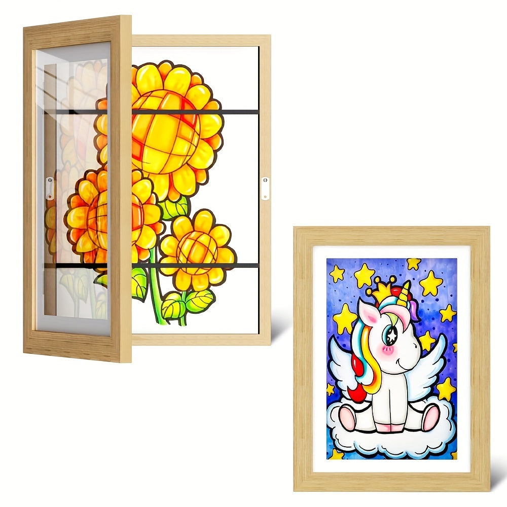 Magnetic storage frame for art photos, easily changeable for front-opening display on walls.