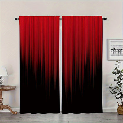 Set of 2 Polyester Red Black Gradient Stripe Design Printed Curtains, Perfect for Bedroom, Office, Kitchen, Living Room, and Study. Features Rod Pocket Window Treatment for Home and Room Decor. Easy to hang on any rod.