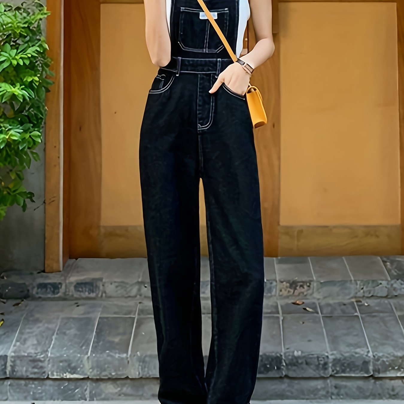 Women's adjustable strap denim overalls: slim fit, solid color, non-stretch fabric, long length, washed design, perfect for spring/summer/fall.