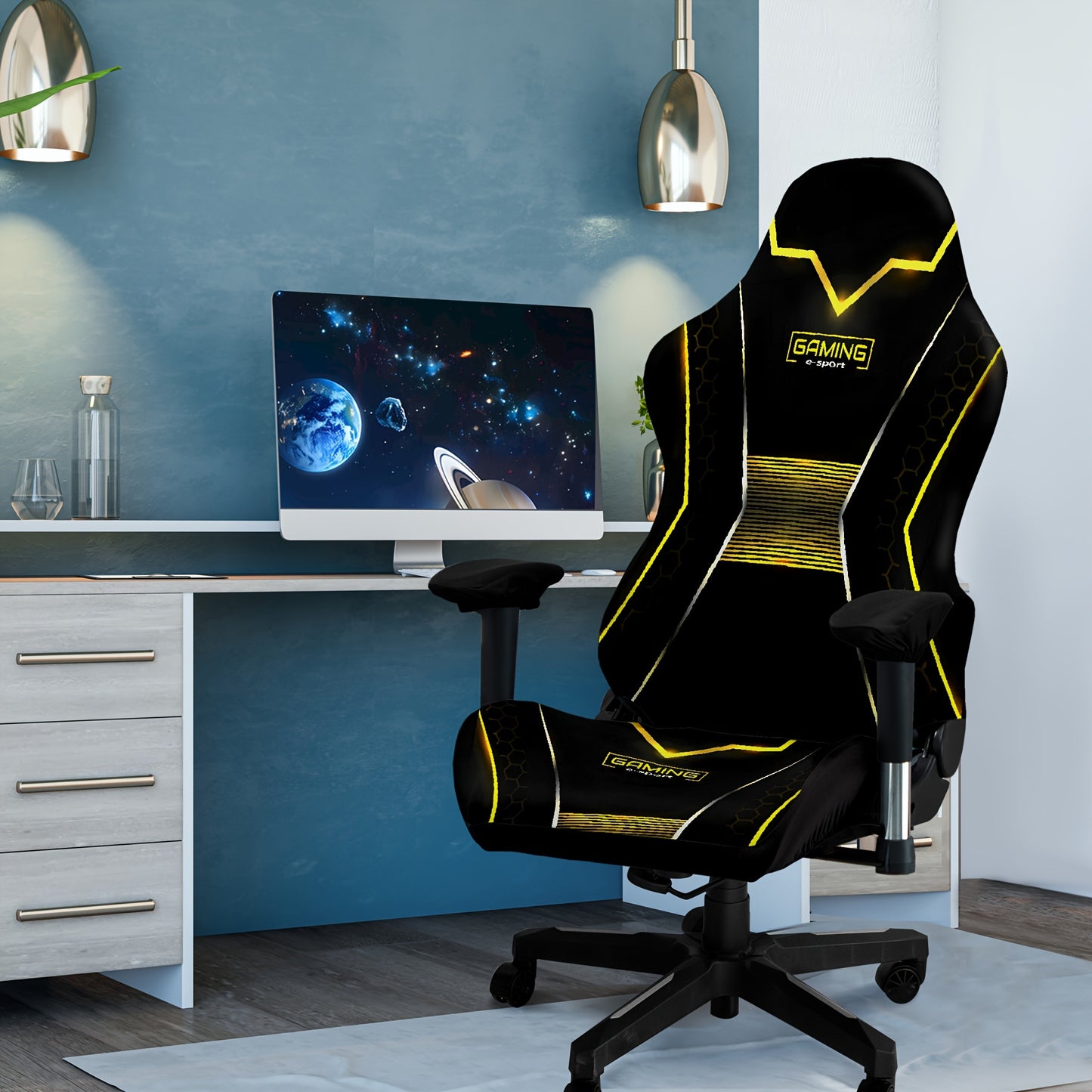 Stretchable and washable gaming chair cover with eclectic skull design, made of premium milk fiber fabric. The one-piece slipcover boasts high elasticity and easy fit, featuring a digital