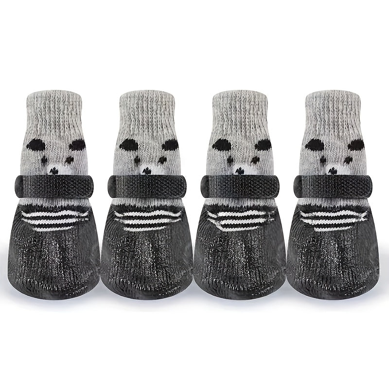 Waterproof dog socks with anti-slip rubber sole for all size pets, adjustable strap, durable polyester material. Perfect for outdoor use on hardwood floors. Reflective dog boots for safety.