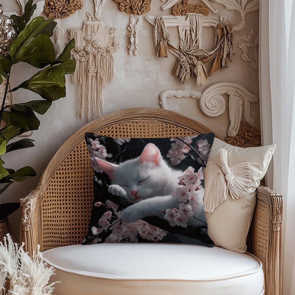 White Cat and Cherry Blossoms Cushion Cover - 1 piece, 45.01cm, Machine Washable with Zip Closure - Perfect Decorative Pillow Case for Sofa, Living Room, and Bedroom. Ideal for Summer and Fall Decor (Cushion Not Included)