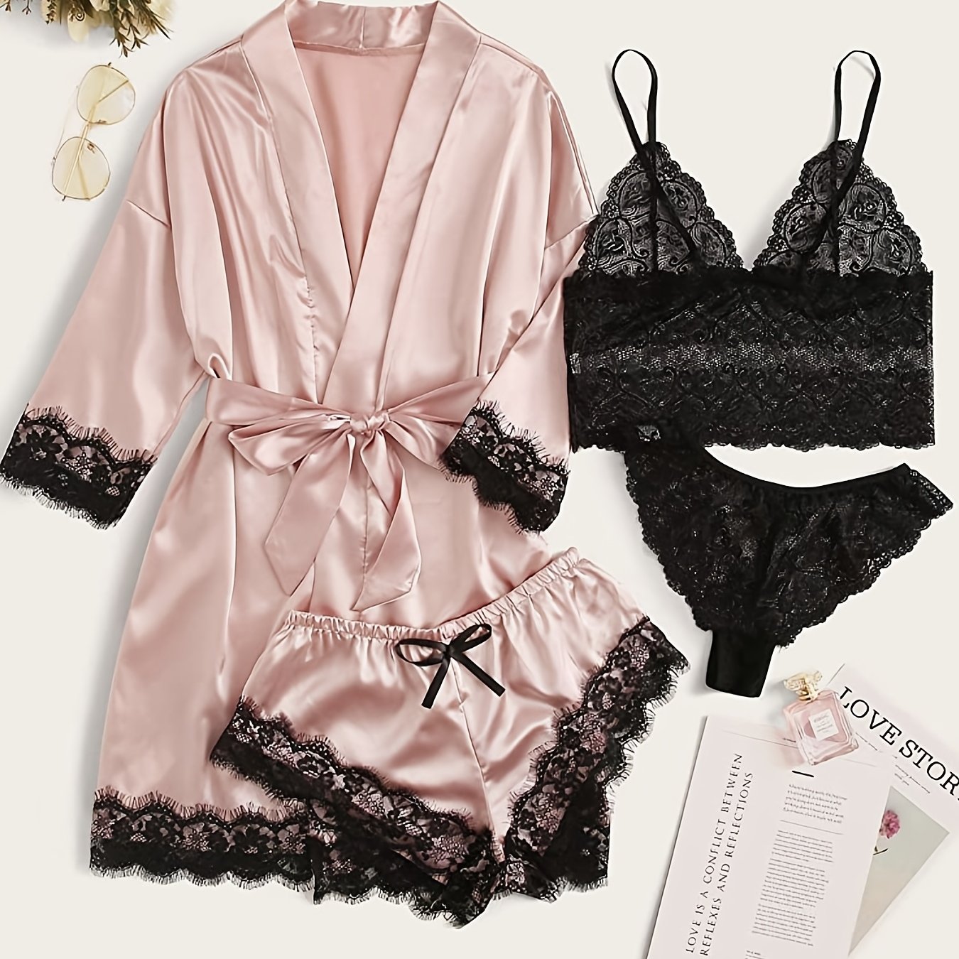 5-piece satin pajama set for women with lace detail, polyester sleepwear with belt, adult bedroom wear in multi-color