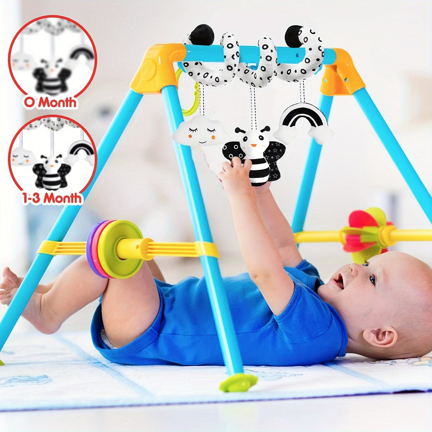 Newborn plush activity toy for bed, bassinet, crib, or baby carrier. This black and white high contrast spiral hanging stroller and car seat toy is perfect for stimulating your baby's developing senses. Great as a gift for new parents.