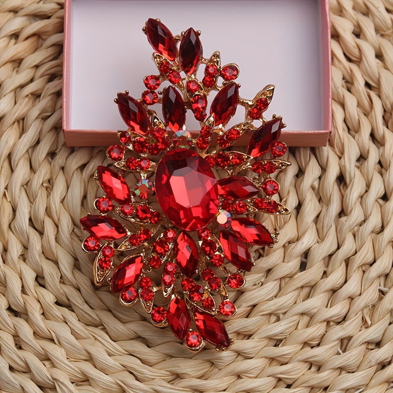 Extravagant Red Crystal Glass Brooch Pin with Large Floral Design, a Stylish Women's Fashion Accessory