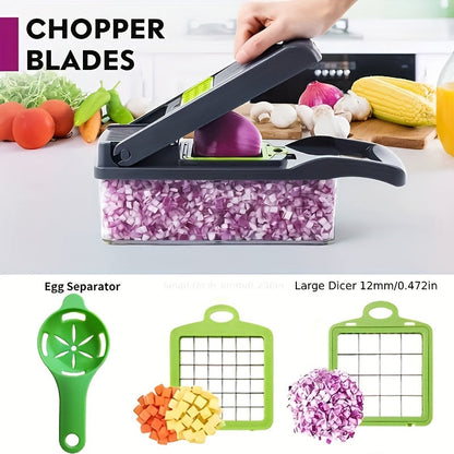 Kitchen slicer set with 14/16 pieces, featuring a manual vegetable cutter dicer shredder with durable stainless steel blades. Made of plastic in a rectangle shape, no power supply required.