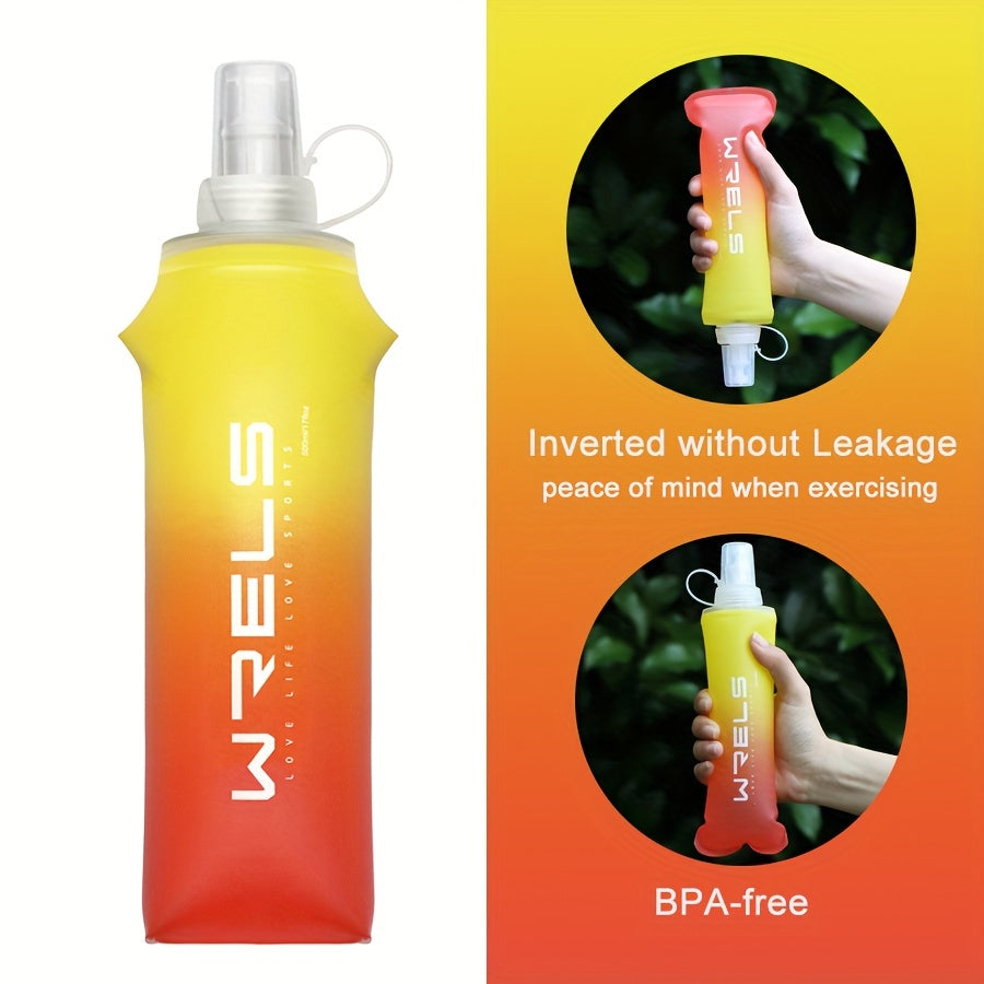 WRELS 2pcs collapsible silicone water bottles in sizes 8.5oz & 17oz, BPA-free for running, hiking, and cycling.