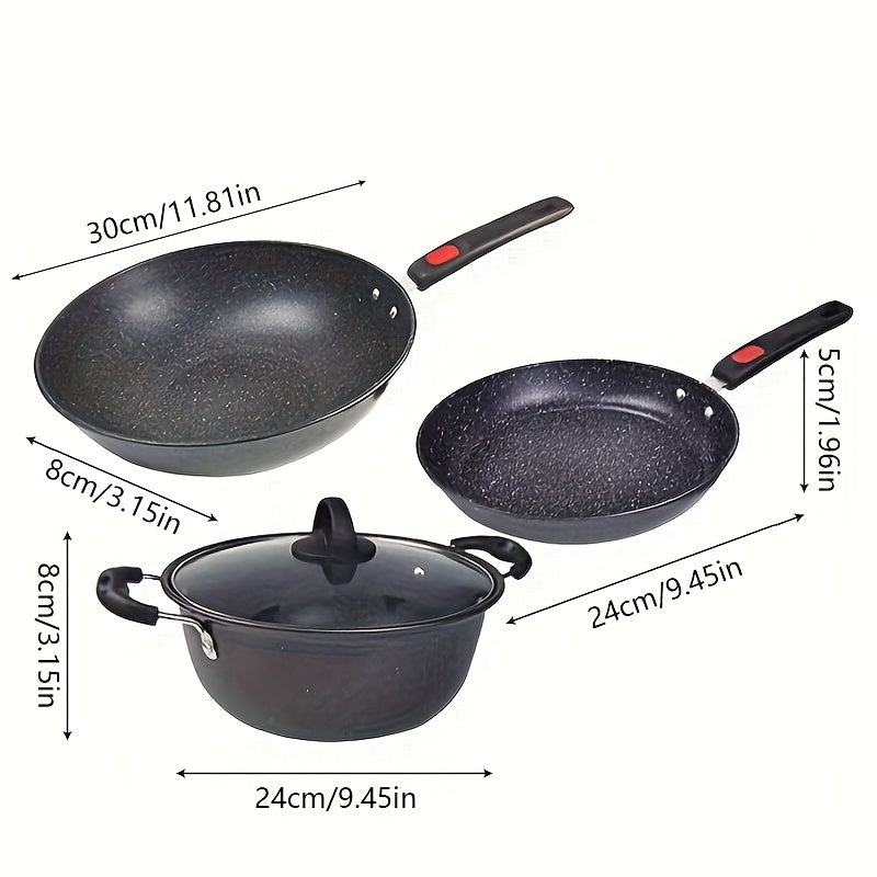 Set of 3 Cast Iron Cookware Pieces with Non-Stick Maifan Stone Coating - Set includes Frying Pan, Skillet, and Stock Pot - Ideal for Home Cooking