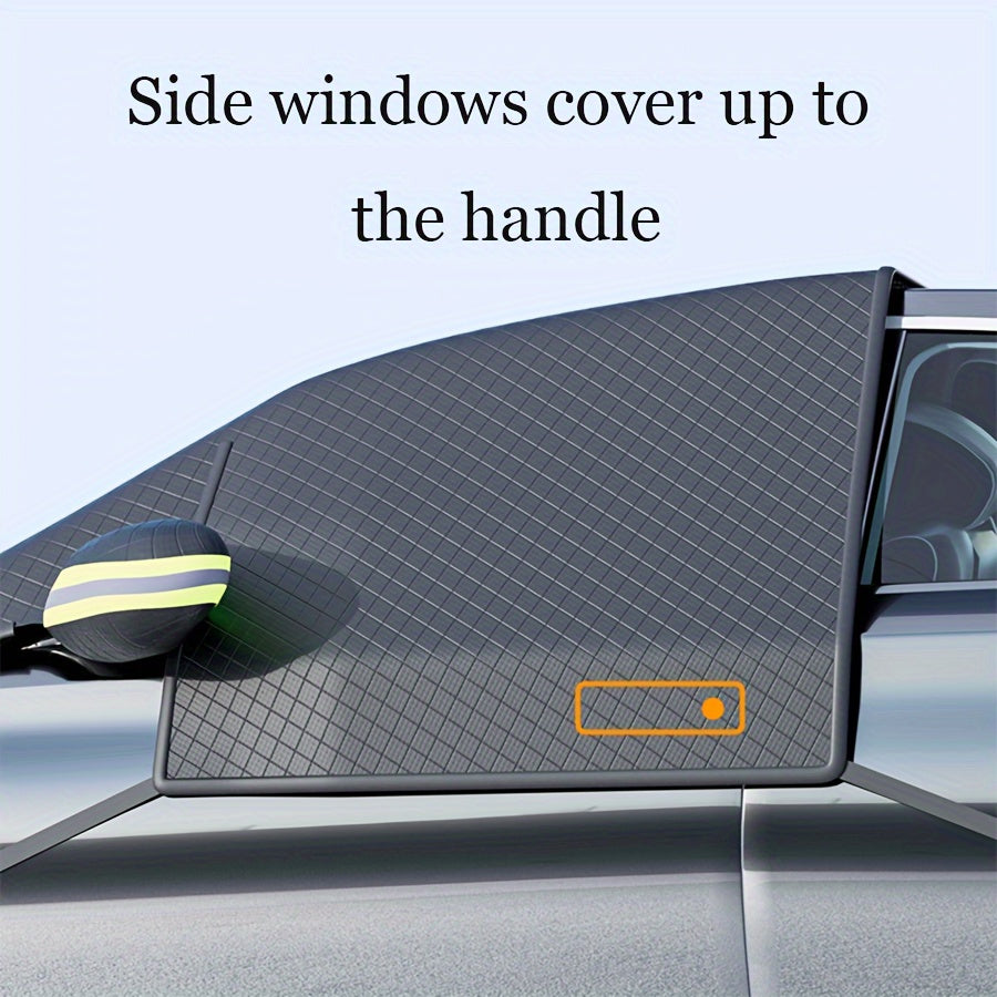 Durable polyester cover protects car windshield from snow and frost, fits most vehicles.