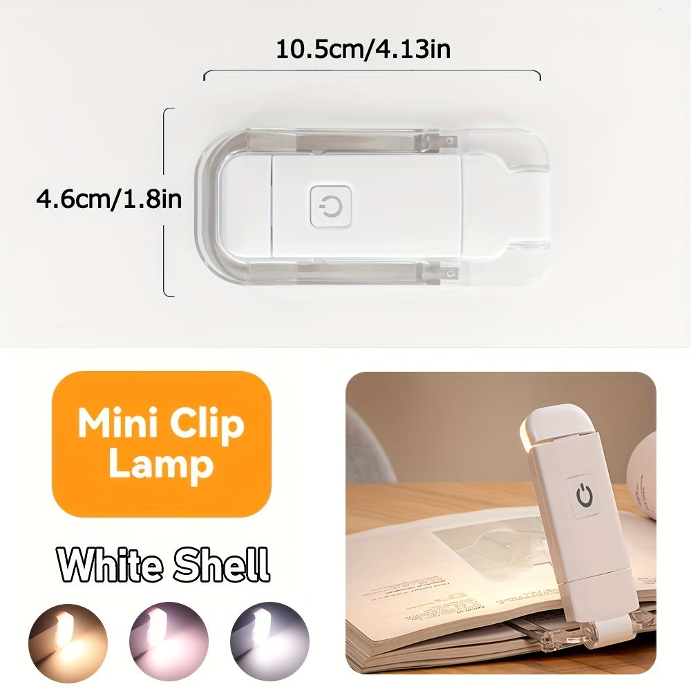 USB rechargeable reading light with eye protection, adjustable brightness levels, clip-on book lamp, ideal for night readers.