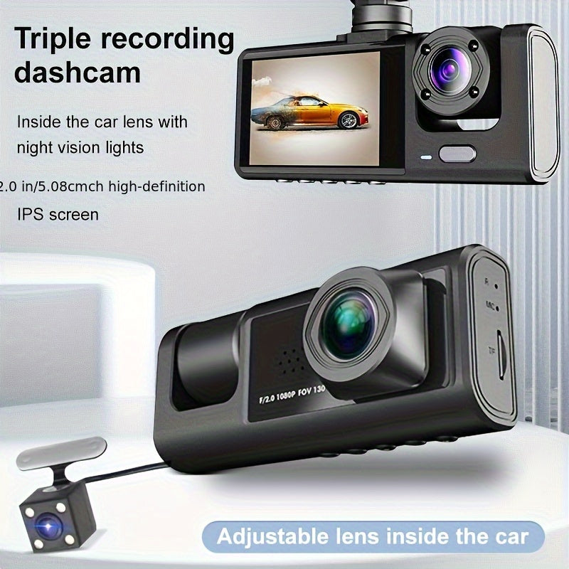 1 set of 3-channel front and rear car camera with 1080P resolution, IR night vision, cycle recording, 5.08 cm IPS screen, and wide-angle lenses for simultaneous recording of a black box.