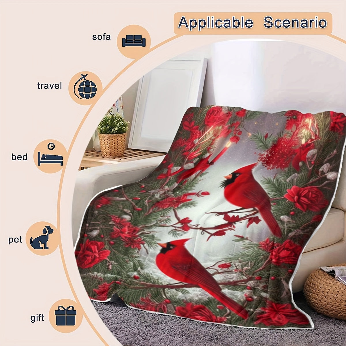 Modern Cardinal Patterned Flannel Throw Blanket - Can be used on both sides, suitable for all seasons, durable, made of woven polyester, versatile animal design, colorful - Made of 100% polyester.