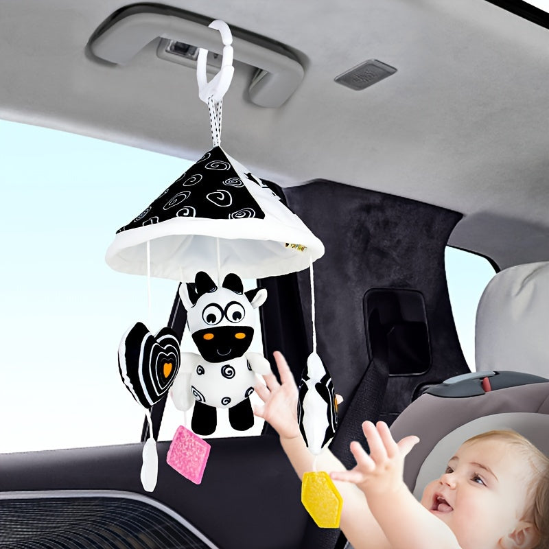 Safety Seat Basket Hanging Wind Chime - Visual Sensory Toy for Young Children, with Black & White Umbrella Stroller Charm