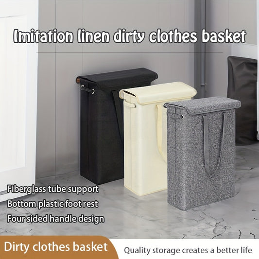 Tall, slim laundry hamper with lid and handles for bathroom, bedroom, or dorm organization. Made of waterproof linen fabric.