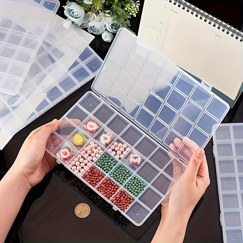 Durable transparent plastic organizer with 28 compartments for storing jewelry, beads, crafting supplies, fishing gear, and organizing home and kitchen items.